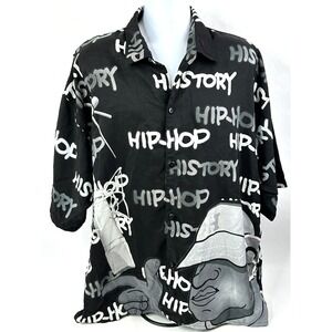 VINTAGE HIP HOP History Shirt Mens 2XL Black White Button Up Spell Out AOP